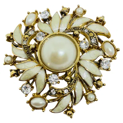 Pre-owned Monet Signed Vintage Faux Pearl Enamel Gold Tone Designer Brooch In Multi