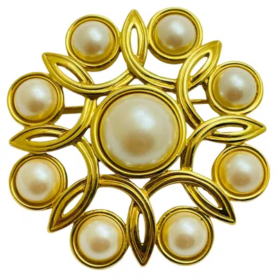 Pre-owned Monet Signed Vintage Gold Pearl Designer Brooch In Multi