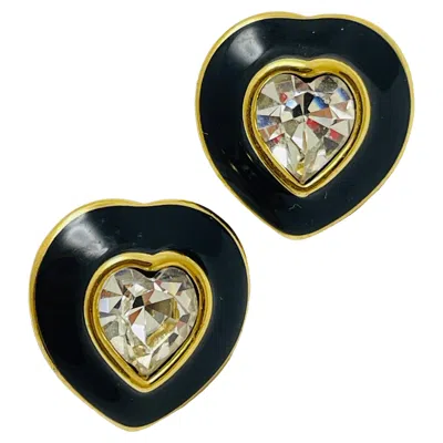 Pre-owned Monet Signed Vintage Gold Rhinestone Enamel Heart Designer Earrings In Multi