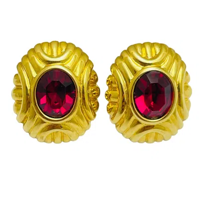 Pre-owned Monet Signed Vintage Gold Ruby Red Glass Designer Runway Clip On Earrings