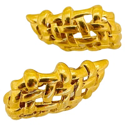 Pre-owned Monet Signed Vintage Gold Tone Basket Wave Designer Clip On Earrings In Multi
