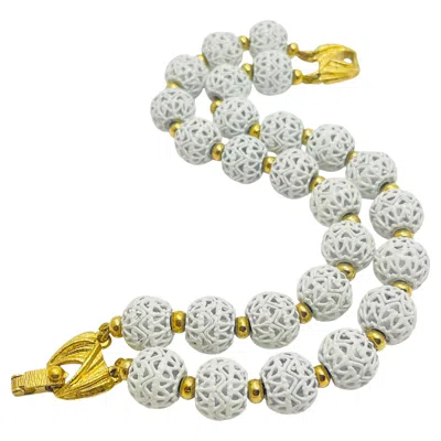 Pre-owned Monet Signed Vintage Gold Tone Ehite Enamel Beads Designer Bracelet In Multi