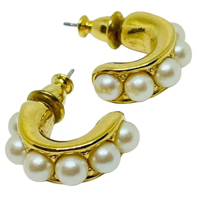 Pre-owned Monet Signed Vintage Gold Tone Faux Pearls Small Hoop Designer Earrings In Multi