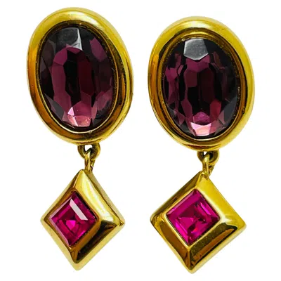 Pre-owned Monet Signed Vintage Gold Tone Glass Designer Clip On Drop Earrings In Multi