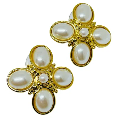 Pre-owned Monet Signed Vintage Gold Tone Pearl Maltese Cross Designer Pierced Earrings In Multi