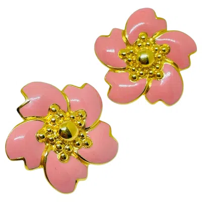 Pre-owned Monet Signed Vintage Gold Tone Pink Enamel Flower Designer Clip On Earrings
