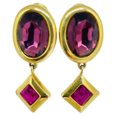 Pre-owned Monet Signed Vintage Gold Tone Pink Purple Rhinestone Designer Clip On Earrings