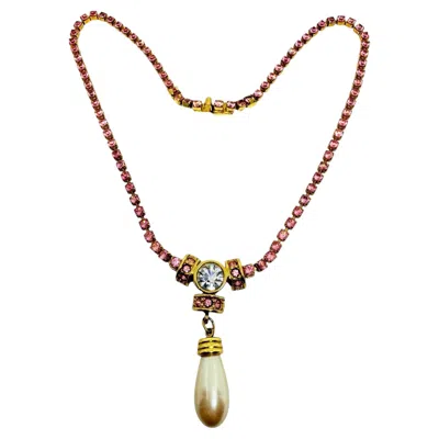 Pre-owned Monet Signed Vintage Gold Tone Pink Rhinestones Pearl Drop Designer Necklace