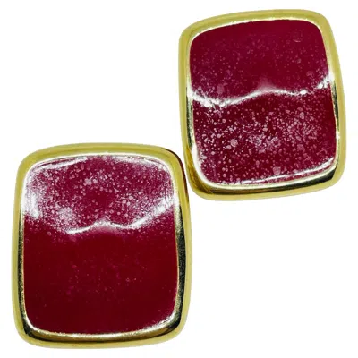 Pre-owned Monet Signed Vintage Gold Tone Red Enamel Designer Clip On Earrings