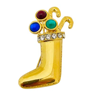 Pre-owned Monet Signed Vintage Gold Tone Rhinestone Christmas Stocking Designer Brooch In Multi
