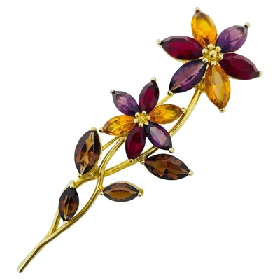 Pre-owned Monet Signed Vintage Gold Tone Rhinestone Flower Designer Brooch In Multi