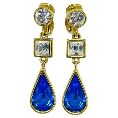Pre-owned Monet Signed Vintage Gold Tone Sapphire Glass Designer Clip On Dangle Earrings In Blue
