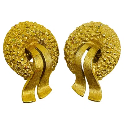 Pre-owned Monet Signed Vintage Gold Tone Textured Designer Clip On Earrings In Multi
