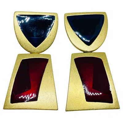 Pre-owned Monet Signed Vintage Matte Gold Modernist Geometric Designs Clip On Earrings In Multi
