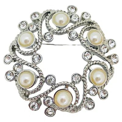 Pre-owned Monet Signed Vintage Silver Rhinestones Pearls Designer Brooch In Multi