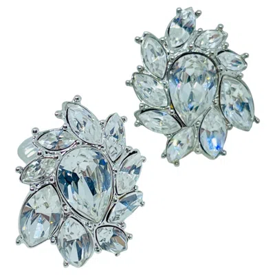 Pre-owned Monet Signed Vintage Silver Tone Rhinestones Massive Designer Clip On Earrings In Multi
