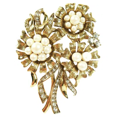 Pre-owned Monet - Vintage Flower Brooch With Pearls & Rhinestones - Signed - Circa 1960's In Multi