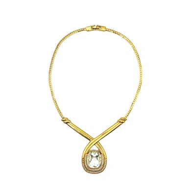 Pre-owned Monet Vintage  Crystal Crossover Necklace 1980s In White