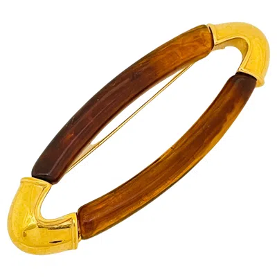 Pre-owned Monet Vintage  Gold Amber Lucite Modernist Designer Runway Brooch In Brown