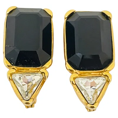 Pre-owned Monet Vintage  Gold Black Glass Designer Runway Clip On Earrings