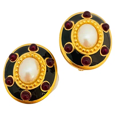 Pre-owned Monet Vintage  Gold Enamel Pearl Red Cabs Designer Runway Clip On Earrings