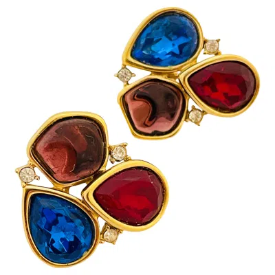Pre-owned Monet Vintage  Gold Jewel Glass Designer Runway Clip On Earrings In Multi