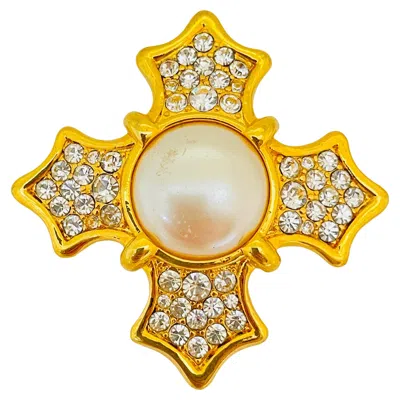 Pre-owned Monet Vintage  Gold Pearl Crystal Maltese Cross Designer Brooch In Multi