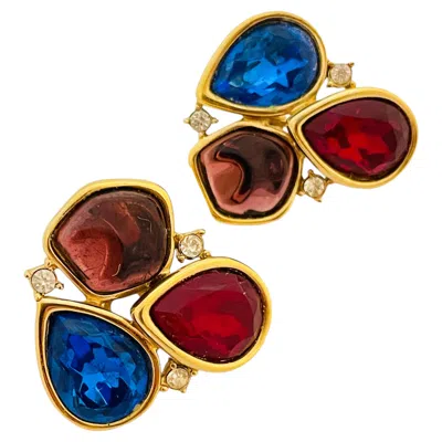 Pre-owned Monet Vintage  Gold Rhinestone Clip On Designer Runway Earrings In Multi