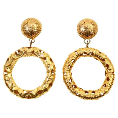 Pre-owned Monet Vintage  Gold Tone Dangling Etruscan Hoop Earrings Circa 1980s In Multi