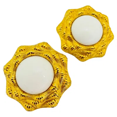 Pre-owned Monet Vintage  Gold White Lucite Designer Runway Clip On Earrings
