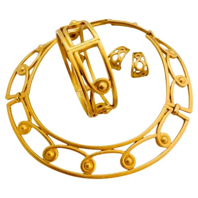 Pre-owned Monet Vintage  Matte Gold Modernist Designer Runway Necklace Earrings Bracelet Se In Multi