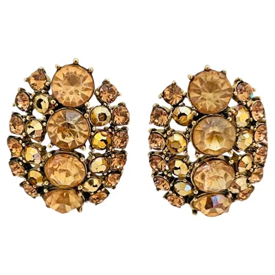 Pre-owned Monet Vintage  Signed Gold Rhinestone Designer Runway Clip On Earrings In Multi