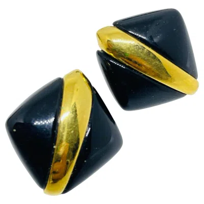Pre-owned Monet Vintage  Signed Gold Tone Black Resin Designer Clip On Earrings