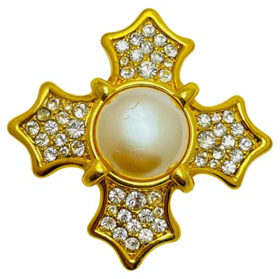 Pre-owned Monet Vintage  Signed Gold Tone Pearl Rhinestones Maltese Cross Designer Brooch In Multi