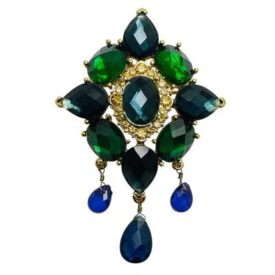 Pre-owned Monet Vintage  Signed Gold Tone Sapphire Emerald Glass Designer Brooch In Green