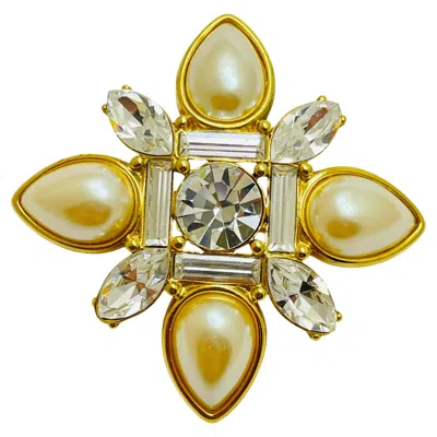 Pre-owned Monet Vintage  Signed Maltese Cross Gold Tone Pearl Glass Designer Brooch In Multi