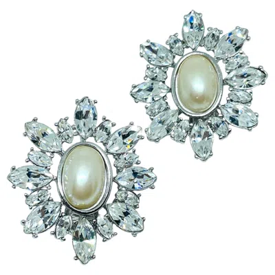 Pre-owned Monet Vintage Signed Silver Tone Rhinestones Pearl Designer Clip On Earrings In Multi