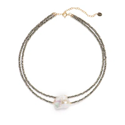 Monái Women's Gold / White Baroque Pearl Pyrite Necklace