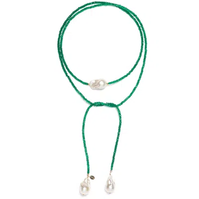 Monái Women's Green / White Long Baroque Pearl Green Onyx Necklace