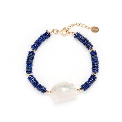 Monái Women's White / Blue Lapis Lazuli Accent Pearl Bracelet