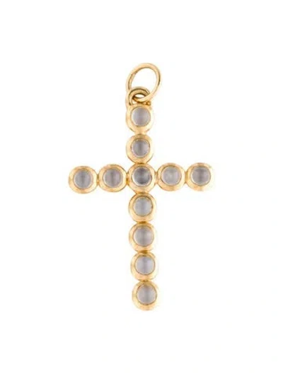 Pre-owned Monica Rich Kosann 18k Cat's Eye Moonstone Cross Pendant, 1.25" In Multi