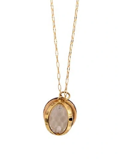 Pre-owned Monica Rich Kosann 18k Rock Crystal 'carpe Diem' Pendant Necklace With 'luck' Ruby Poesy Ring Charm, 30" In Multi