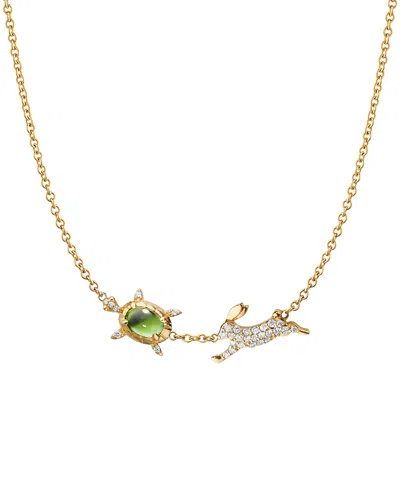 Monica Rich Kosann 18k Yellow Gold Diamond & Green Tourmaline Tortoise & The Hare Necklace, 15-17