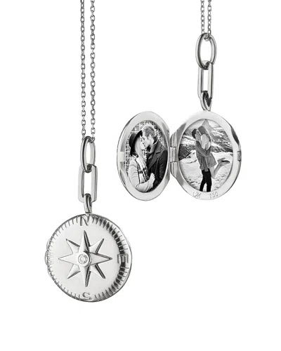 Monica Rich Kosann Sterling Silver Lockets White Sapphire Adventure Compass Pendant Necklace, 16-18