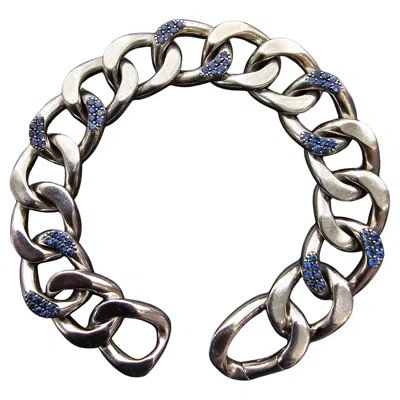 Pre-owned Monica Rich Kosann Sterling Silver Pave Sapphire Curb Link Bracelet 7.5" 61.2g In Blue