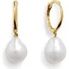 Monica Vinader Nura Baroque Pearl Drop Huggie Hoop Earrings In Metallic
