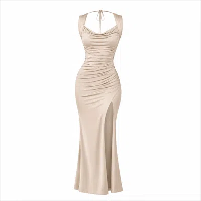 Monice London Women's Gold Amari - Backless & Bra Friendly Maxi Dress - Champagne