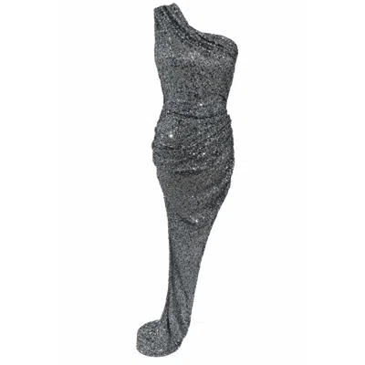 Monice London Women's Mimi One Shoulder Asymmetric Sequin Dress- Gunmetal Silver