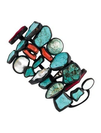 Pre-owned Monies Coral, Shell, Stone & Leather Bracelet, 7.25" In Multi