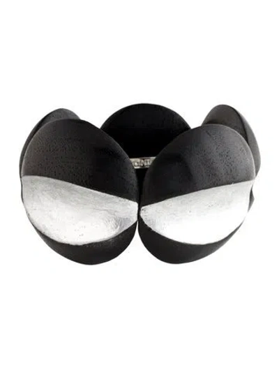 Pre-owned Monies Foil, Cord, & Wood Dunea Bangle Bracelet, 7.5" In Black/silver